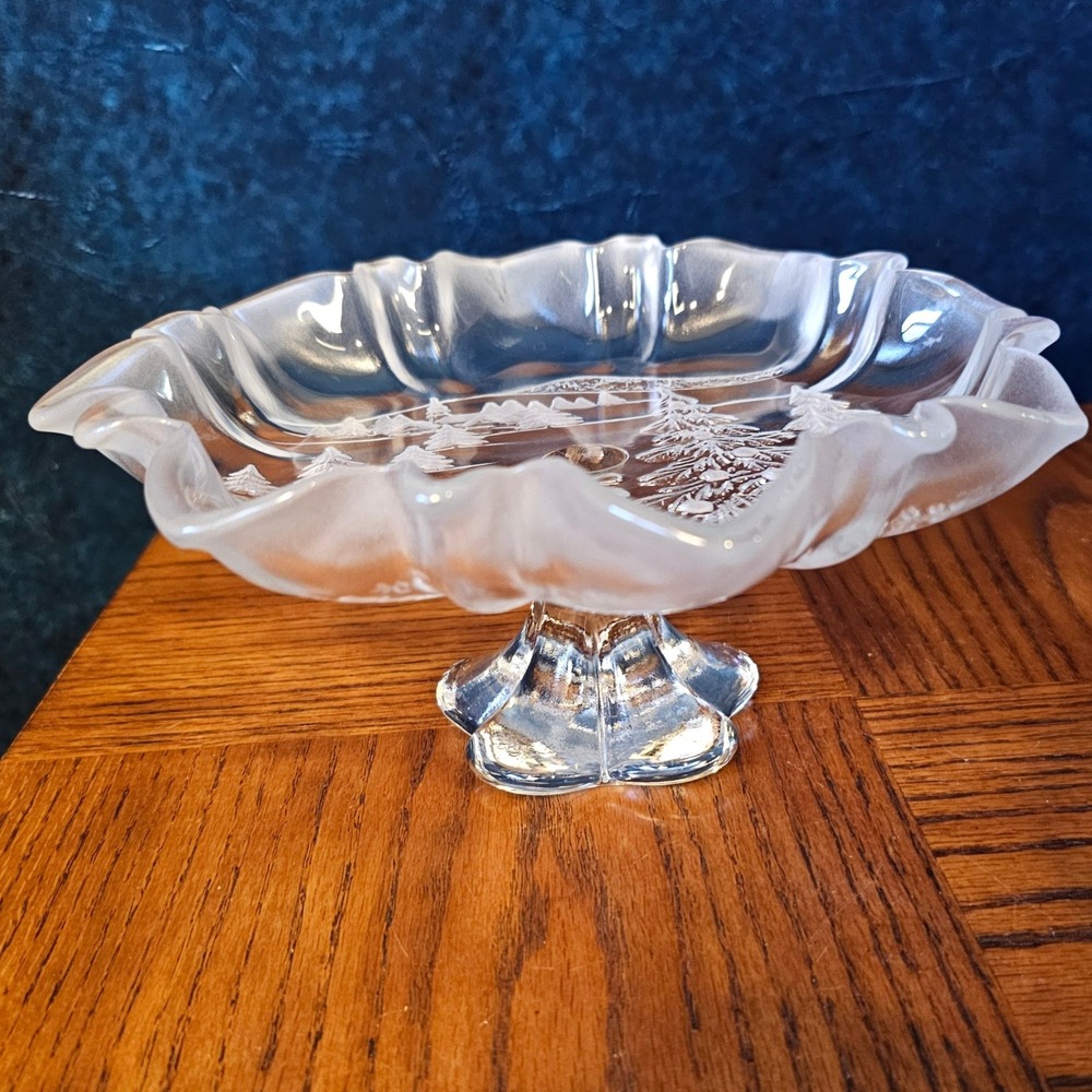 Mikasa Vintage Glass Christmas Pedestal Bowl Ruffled Edge Winter Village 9in